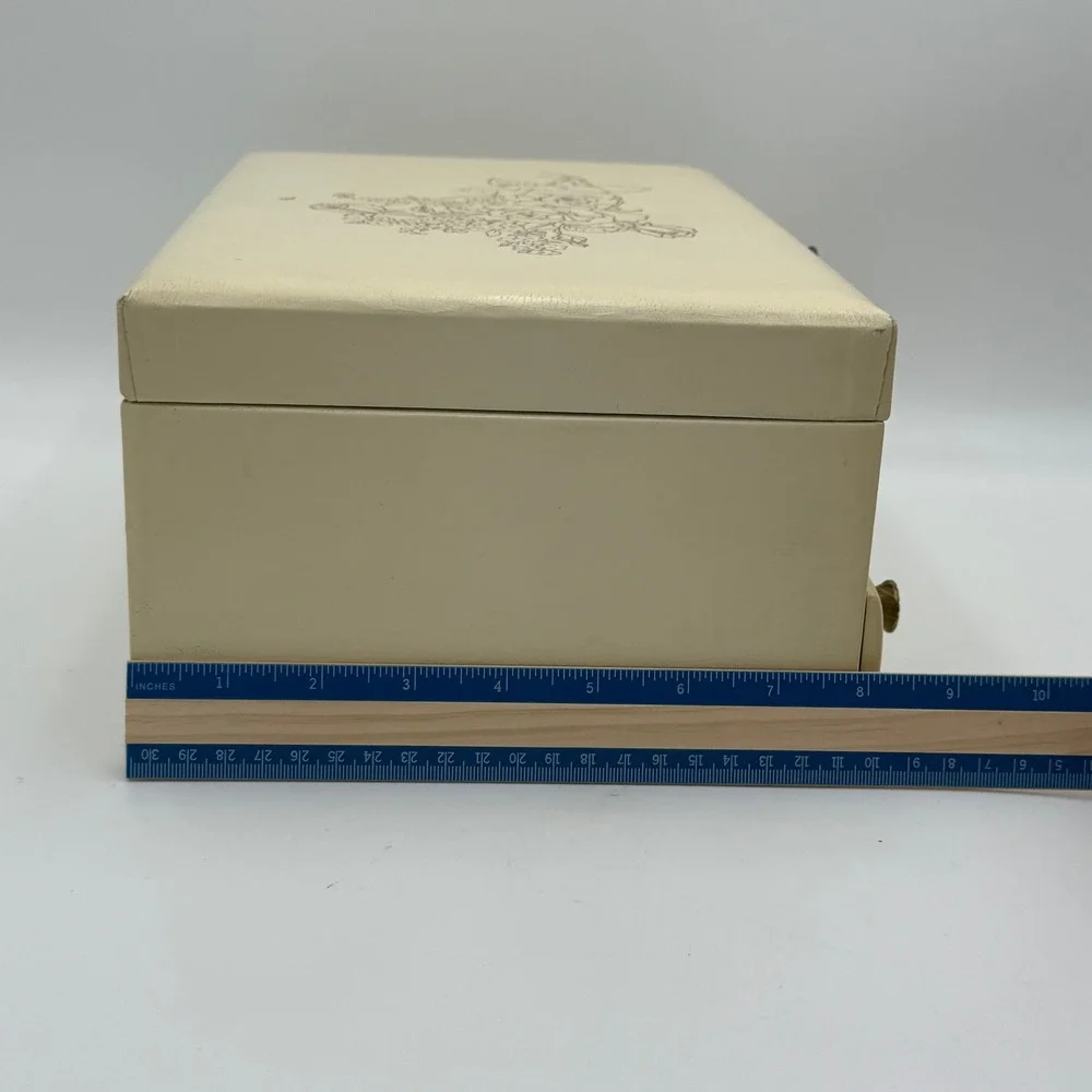 Vintage Cream Faux Leather Jewelry Box Red Lining Floral Rose Cantilever Drawer